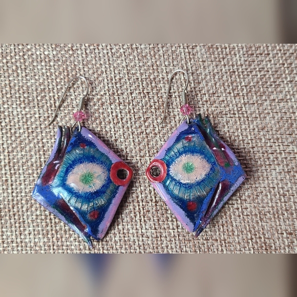 Colorful  purple blue red fish like art painter Earrings - Picture 4 of 12